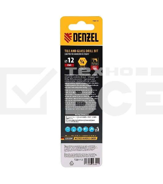 Сверло по керамической плитке Denzel 12 мм, крестовая пластина, 6-гр. хвостовик