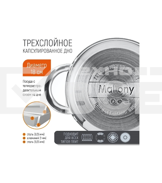 Кастрюля MALLONY Mediano нержавеющая сталь, со стеклянной крышкой, 2,6 л, d-18