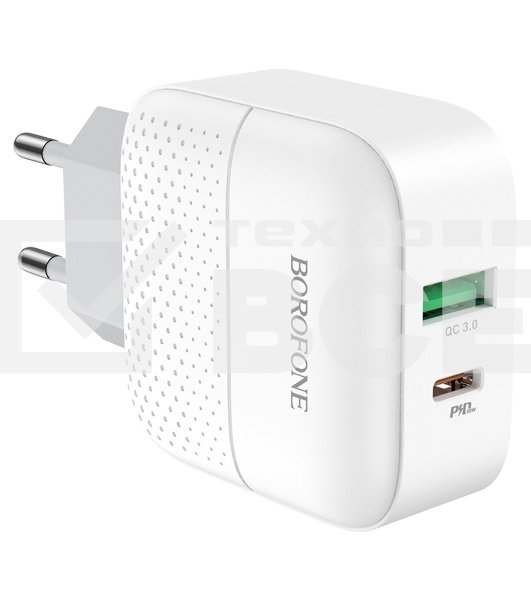 Сетевое зарядное устройство BOROFONE BA46A Premium, один порт USB, один порт Type-C, PD, 18W, 5V, 3.0A, белый