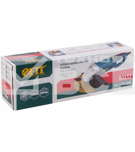 Углошлифовальная машина FIT AG-230/2501, 2500 Вт, 6500 об/мин, КлК 230 мм, 7,1 кг, арм.ротор, б/с щеток, рез.накл, плав.пуск, кор.