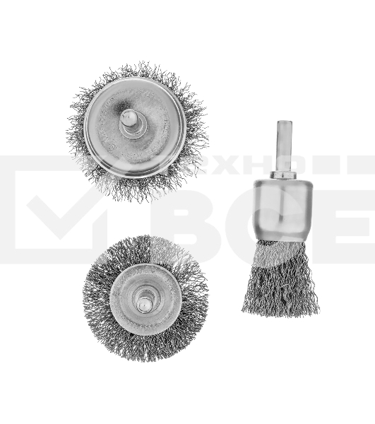Набор щеток для дрели Denzel 1 Плоская 50 мм, 2 Чашки 25-50 мм, шпилька, нерж. вит. проволока