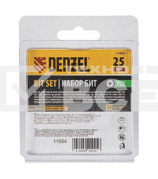 Набор бит Denzel PZ2х25, сталь S2, шестигранный профиль, 10 шт.