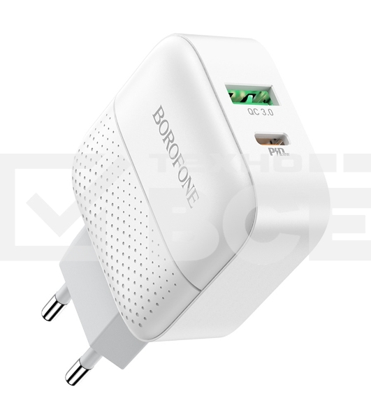 Сетевое зарядное устройство BOROFONE BA46A Premium, один порт USB, один порт Type-C, PD, 18W, 5V, 3.0A, белый