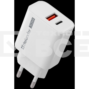 Сетевое ЗУ Defender UPA-130 USB-C/PD30W + USB-A/QC3.0, белый.