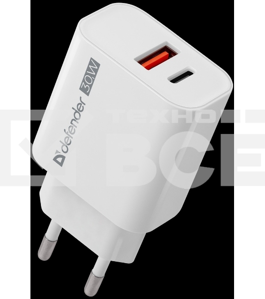 Сетевое ЗУ Defender UPA-130 USB-C/PD30W + USB-A/QC3.0, белый.