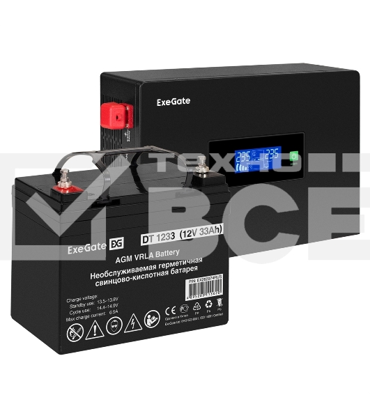 Комплект ИБП EX295993RUS + батарея 33Aч EX282974RUS 1шт (инвертор, синус, для котла, PF=1, настенный) ExeGate IdealSine SR-1000.LCD.2SH <1000VA/1000W, чистая синусоида, цветной LCD-дисплей, 2*Schuko, крепление настенное, Black> + батарея ExeGate DT 1233 (
