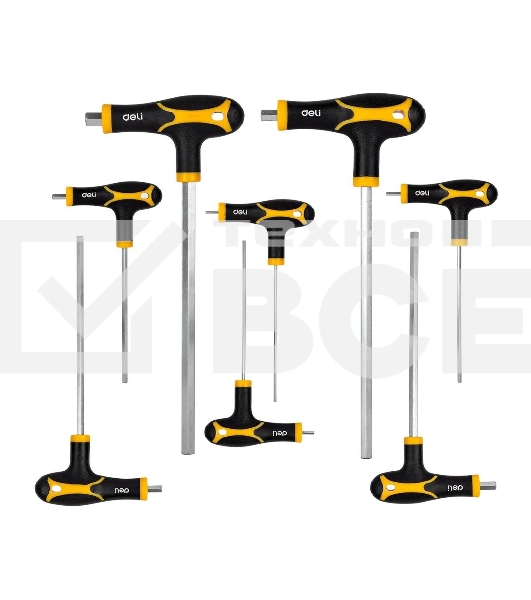 Набор шестигранных ключей Deli DL233108 8 шт. Материал: CR-V. Спецификация: 2x75 мм/2,5x75 мм/3x100 мм/4x100 мм/5x150 мм/6x150 мм/8x200 мм/10x200 мм. Удобная рукоять.