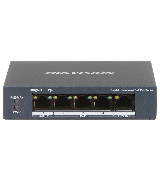 Коммутатор Hikvision DS-3E0505HP-E, 5×1 Гбит/с (4×PoE/Hi-PoE), неуправляемый