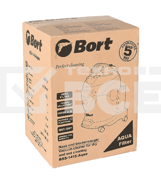 Строительный пылесос Bort BSS-1415-Aqua чёрный/синий, 200/1400 Вт, уборка сухая/влажная, пылесборник мешок/контейнер, 15 л