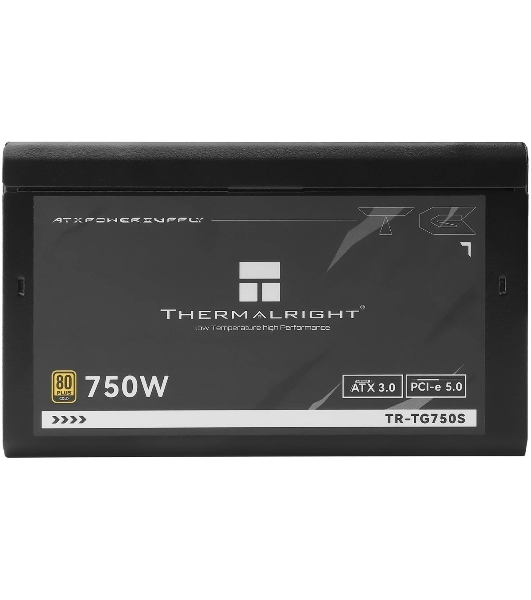 Блок питания Thermalright, 750W 80+ Gold (ATX, 3.0, PCIe 5.0, Non-modular, 1x24(20+4)pin, 1xCPU 8(4+4)pin, 2xPCIe*2 8(6+2)pin, 5xSATA3, 1x12+4pin (12VHPWR PCIe 5.0 12+4pin 600mm), 3xMOLEX4pin, Active, 120x120мм, 150x140x86mm, APFC, black)