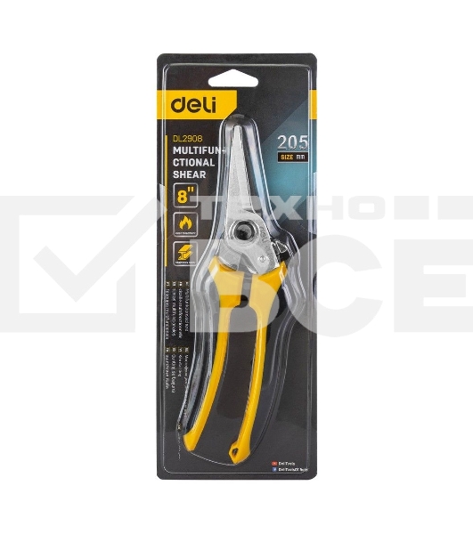 Ножницы универсальные строительные Deli DL2908 205мм, 48-52HRC, прорезиненная рукоятка