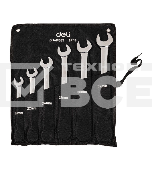 Набор комбинированных ключей с трещоткой 6 шт Deli DL140106T Спецификация: 19,22,24,27,30,32мм. Сталь 40 Cr. Трещотка 50BV30 72Т. Чехол из ткани Oxford