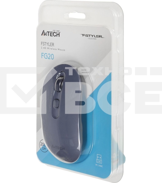 Мышь беспроводная A4Tech Fstyler FG20 пепельный/синий, 2000 dpi, радиоканал, USB, кнопки - 4