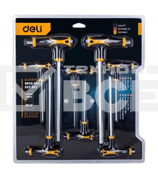 Набор шестигранных ключей Deli DL233108 8 шт. Материал: CR-V. Спецификация: 2x75 мм/2,5x75 мм/3x100 мм/4x100 мм/5x150 мм/6x150 мм/8x200 мм/10x200 мм. Удобная рукоять.