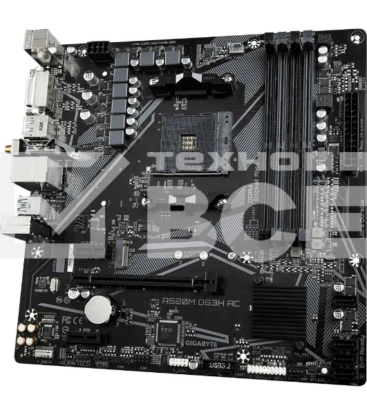 Материнская плата Gigabyte A520M DS3H AC, AM4, AMD A520, 4xDDR4, 4xSATA, 1xM.2, 1xPCIe 3.0 x16, 2xPCIe x1, 1xHDMI, 1xDP, 1xDVI-D, 1x 1Gb LAN, Wi-Fi, Bluetooth, 4xUSB-A 3.2 Gen 1, 2xUSB-A 2.0, 3x3.5 мм, 7.1, mATX