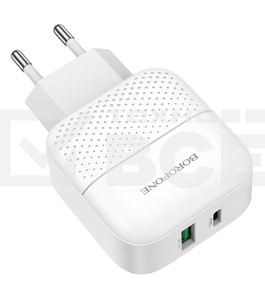 Сетевое зарядное устройство BOROFONE BA46A Premium, один порт USB, один порт Type-C, PD, 18W, 5V, 3.0A, белый