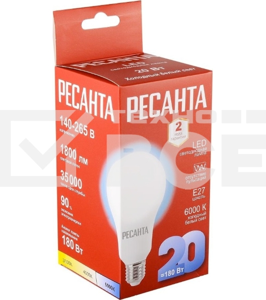 Лампа светодиодная Ресанта LL-R-A80-20W-230-6K-E27 груша