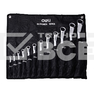 Набор накидных изогнутых гаечных ключей 12 шт Deli DL150012A Спецификация: 6x7, 8x9, 10x11, 12x13, 14x15, 16x17, 18x19, 20x22, 21х23, 24х27, 25х28, 30х32. Матовая хромированная поверхность. Чехол из ткани Oxford.