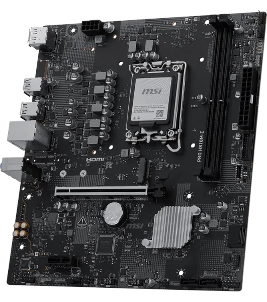 Материнская плата MSI PRO H810M-E, LGA 1851, Intel H810, 2xDDR5 (до 128 ГБ), 4xSATA, 1xM.2 (PCIe 4.0 x4), 1xPCIe 5.0 x16, 1xPCIe x1, 1xHDMI, 1xDP, 1x2.5Gb LAN, 2xUSB-A 5Gbps, 4xUSB-A 2.0, 3x3.5 мм, 7.1, чёрный, mATX