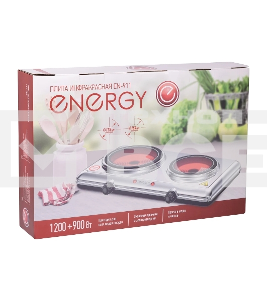 Плита настольная электрическая Energy EN-911 серебристый, 2,1 кВт, ТЭН, конфорки - 2, стеклокерамика, поворотные переключатели