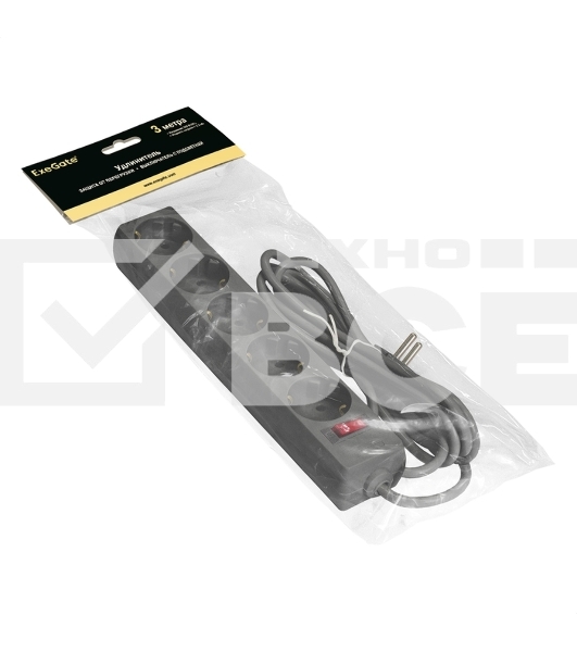 Удлинитель ExeGate EC-5-3B (EX279357RUS), черный, 3 м, 	евровилка с заземлением, 5 евророзеток с заземлением, 2200 Вт