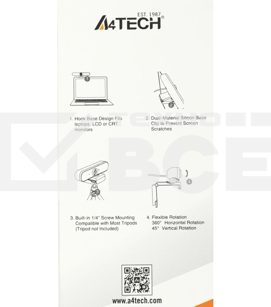 Веб-камера A4Tech PK-1000HA 3840x2160, 30 кадр/с, USB Type-A, микрофон (2 шт, шумоподавление), автоматическая фокусировка, автоосвещение, универсальное крепление