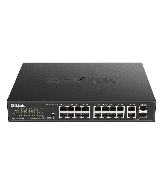 Коммутатор D-Link DES-1018MPV2/A1A, 16×100 Мбит/с + 2×1 Гбит/с Combo, неуправляемый