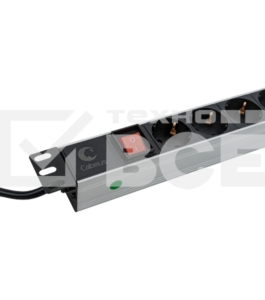 Блок силовых розеток Cabeus, Shuko х 8, вход IEC 320 C14, для шкафов, шнур 2 м, 50х490х50 мм (ВхШхГ), 10А, выключатель, черный