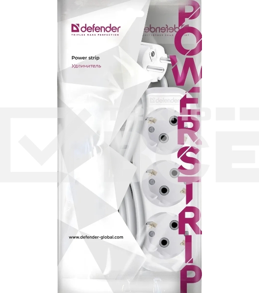 Удлинитель Defender R330 16 А, 3 роз х 2 м, белый