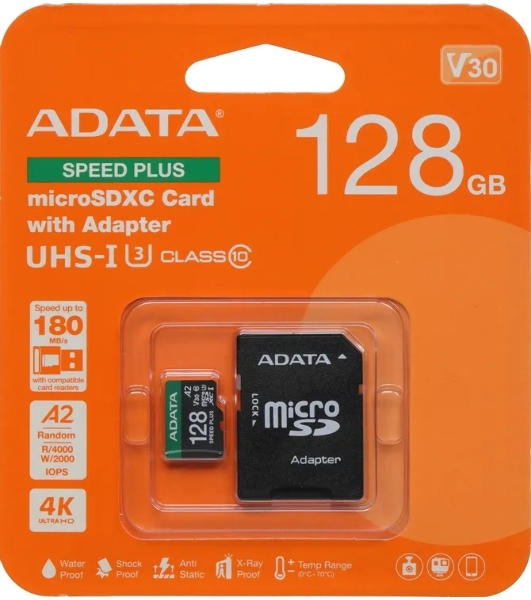 Флеш карта microSD ADATA 128Gb microSDXC Class 10 UHS-I U3 V30 A2 160/140 MB/s (SD адаптер)
