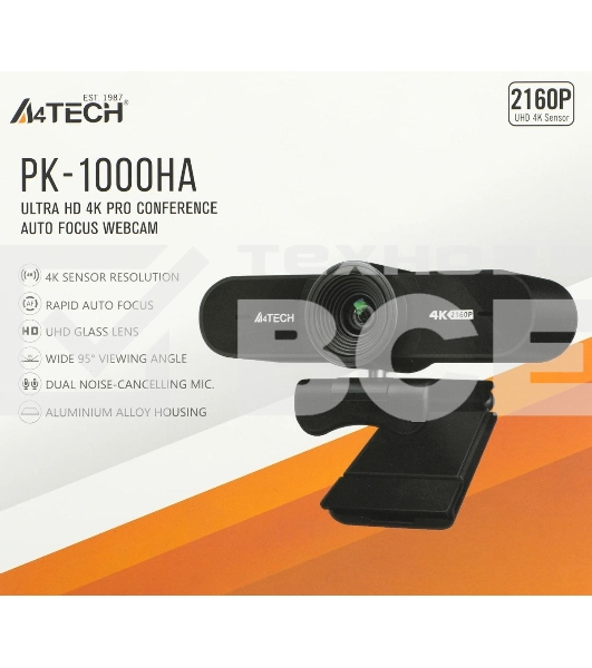 Веб-камера A4Tech PK-1000HA 3840x2160, 30 кадр/с, USB Type-A, микрофон (2 шт, шумоподавление), автоматическая фокусировка, автоосвещение, универсальное крепление