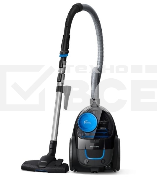 Пылесос Philips PowerPro Compact FC9350/01 черный/синий, 360/1800 Вт, уборка сухая, пылесборник контейнер, 1.5 л