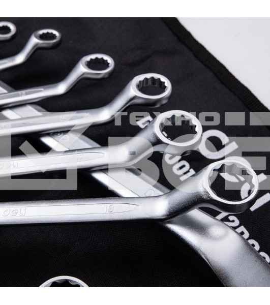 Набор накидных изогнутых гаечных ключей 12 шт Deli DL150012A Спецификация: 6x7, 8x9, 10x11, 12x13, 14x15, 16x17, 18x19, 20x22, 21х23, 24х27, 25х28, 30х32. Матовая хромированная поверхность. Чехол из ткани Oxford.