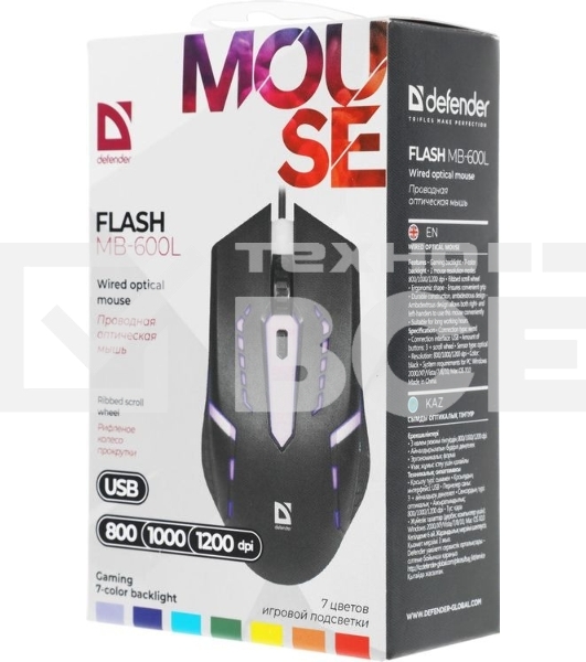 Мышь проводная Defender Flash MB-600L черный, 1200 dpi, USB, кнопки - 4