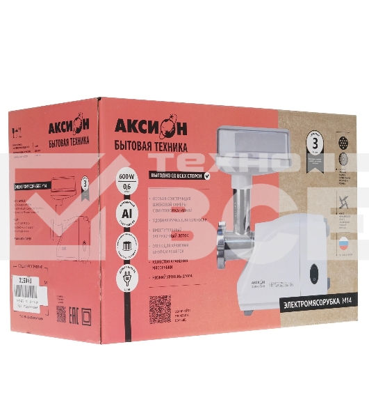 Мясорубка электрическая Аксион М14.02 белый, 600 Вт, 0.7 кг/мин, насадки - 6