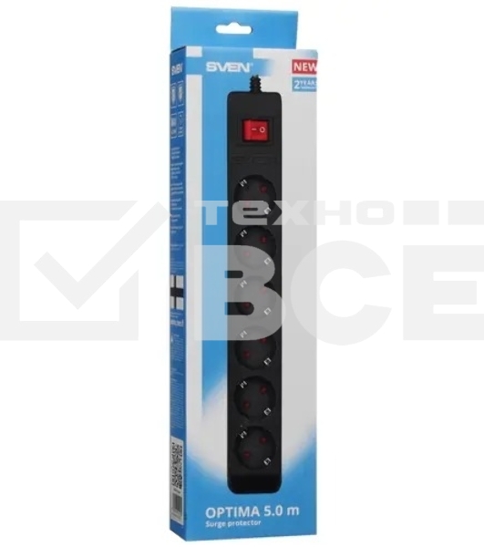 Сетевой фильтр Sven Optima 5,0 м (6 розеток с защитными шторками) черный, цветная коробка