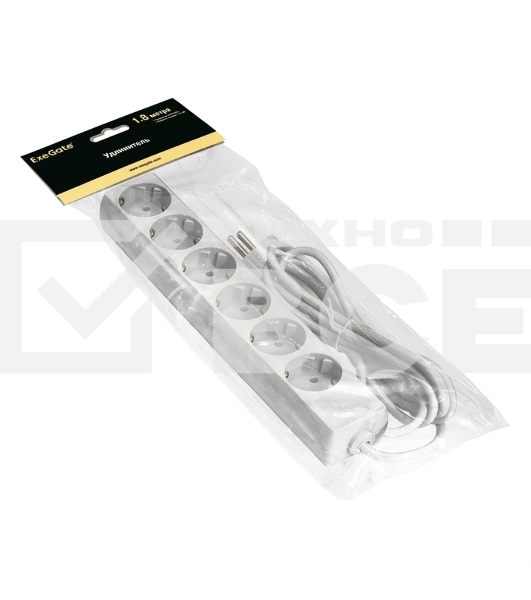 Удлинитель ExeGate ECE-6-1.8W (EX285830RUS), белый, 1,8 м, евровилка с заземлением, 6 евророзеток с заземлением, 2200 Вт