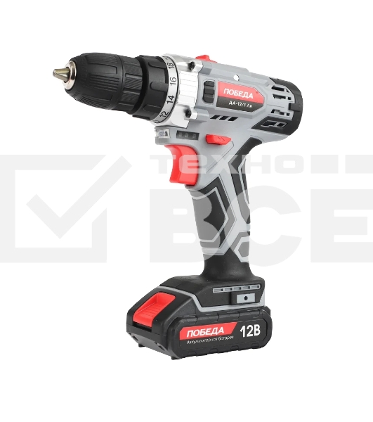 Дрель-шуруповерт аккумуляторная ПОБЕДА ДА-12/1Ли, 12В, 32 нм, быстрая зарядка, 1 батарея, цветная коробка