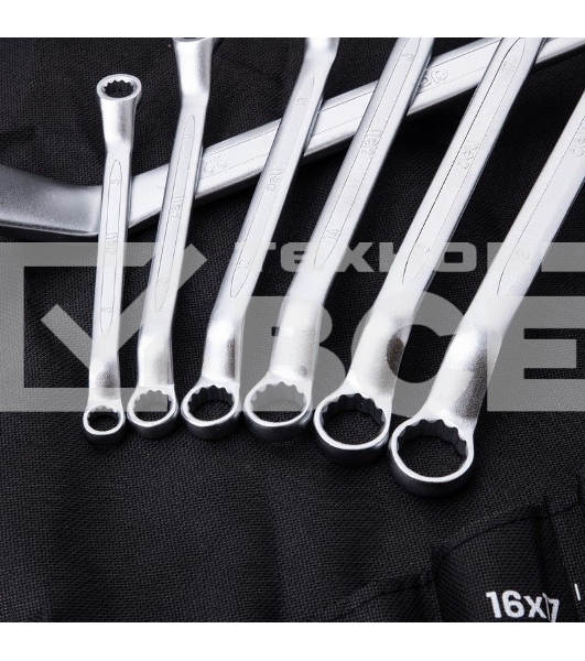 Набор накидных изогнутых гаечных ключей 12 шт Deli DL150012A Спецификация: 6x7, 8x9, 10x11, 12x13, 14x15, 16x17, 18x19, 20x22, 21х23, 24х27, 25х28, 30х32. Матовая хромированная поверхность. Чехол из ткани Oxford.