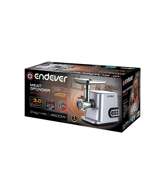Мясорубка электрическая Endever Sigma-112 серебристый, 4500 Вт, 3 кг/мин, реверс, защита от перегрузки, металлический лоток, насадки - 5