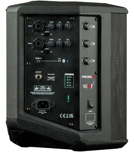 Активная акустическая система PROEL FREEONEX 2-х полосная, НЧ динамик 6', ВЧ динамик 3x2', мощность пик. 400 Вт, мощность ном. ВЧ/НЧ 50/150 Вт, АЧХ 60-18000 Гц, макс. SPL 115 дБ, 2x Combo XLR/TRS входа, 1/8' лин. вход, 1/4' TRS выход, Bluetooth, USB-A,