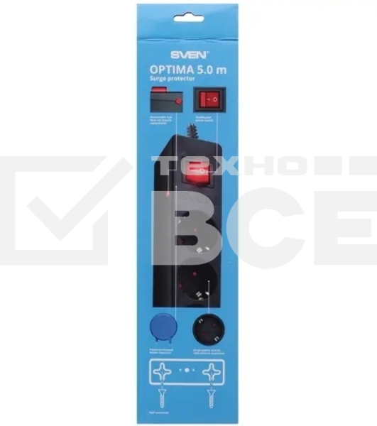 Сетевой фильтр Sven Optima 5,0 м (6 розеток с защитными шторками) черный, цветная коробка