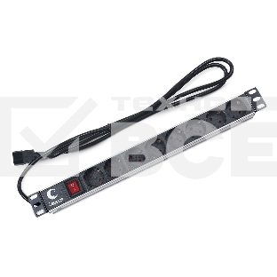 Блок силовых розеток Cabeus, Shuko х 8, вход IEC 320 C14, для шкафов, шнур 2 м, 50х490х50 мм (ВхШхГ), 10А, выключатель, черный