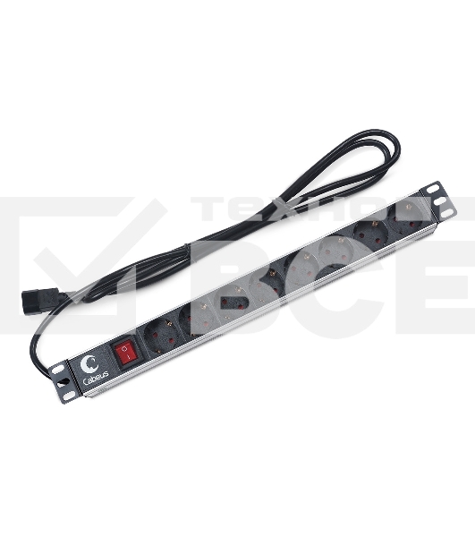 Блок силовых розеток Cabeus, Shuko х 8, вход IEC 320 C14, для шкафов, шнур 2 м, 50х490х50 мм (ВхШхГ), 10А, выключатель, черный