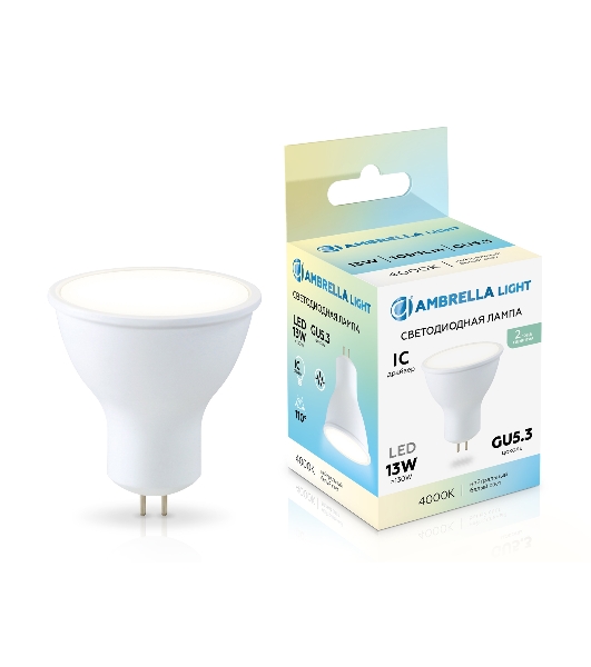 Лампа светодиодная	Ambrella light 161304 LED MR16 13W IC GU5.3 4000K 175-265V