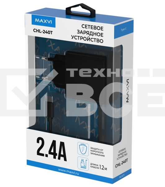 Сетевое зарядное устройство Maxvi CHL-240T 2.4A, with Type-C cable, черный