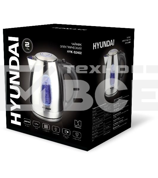 Чайник электрический Hyundai HYK-S2402 1.7л. 2200Вт серебристый матовый/черный (корпус: нержавеющая сталь)