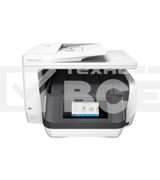 МФУ струйный HP OfficeJet Pro 8730 e-AiO (D9L20A), A4, цветной, печ. до 24 стр/мин. (ч/б) до 20 стр/мин. (цвет), скан. до 19 стр/мин. (ч/б) 8 стр/мин. (цет), 1200 x 1200 dpi (ч/б печать, скан.) 600 x 2400 dpi (печать цвет), USB, RJ-45, Wi-Fi, Air Print
