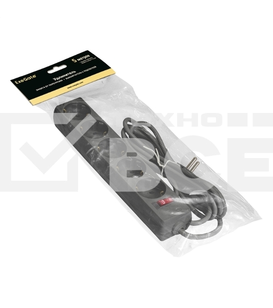 Удлинитель ExeGate EC-5-5B (EX279358RUS), черный, 5 м, евровилка с заземлением, 5 евророзеток с заземлением, 2200 Вт