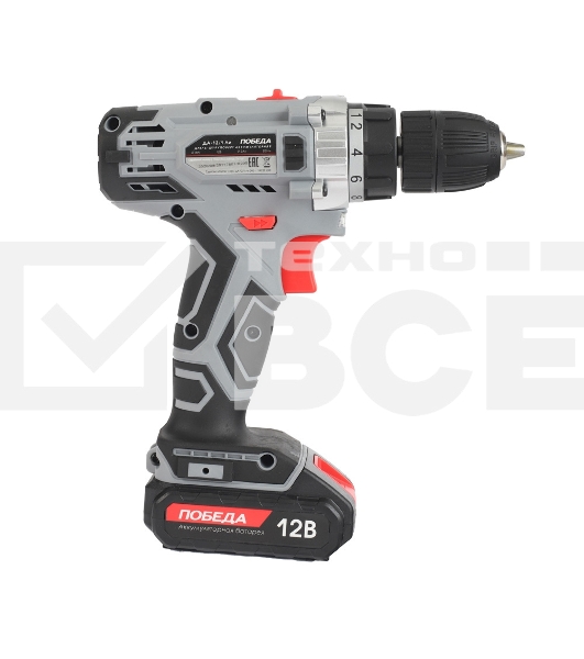 Дрель-шуруповерт аккумуляторная ПОБЕДА ДА-12/1Ли, 12В, 32 нм, быстрая зарядка, 1 батарея, цветная коробка